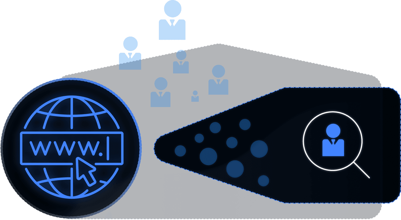 Illustration of a globe with a web address bar, surrounded by user icons with one highlighted under a magnifying glass
